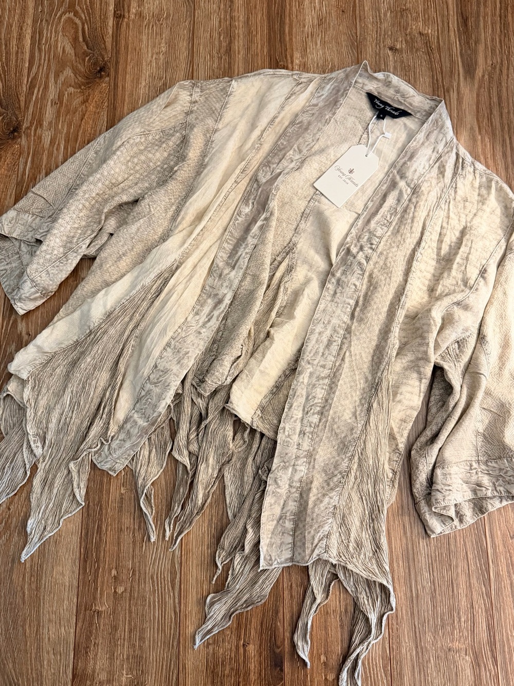 Boho Fringe Open-Front Cardigan Sweater in Light Beige